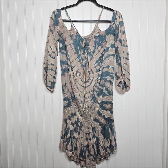 Blue Life Tie Dye Shirred Waist Open Shoulder Dress Size Small Beach Boho Summer - Picture 2 of 10